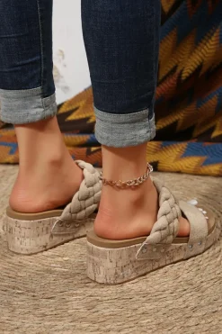 Discount Dear-Lover Woven Suede Band Wedge Slippers Light French Beige