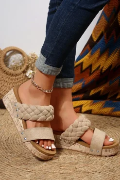 Discount Dear-Lover Woven Suede Band Wedge Slippers Light French Beige
