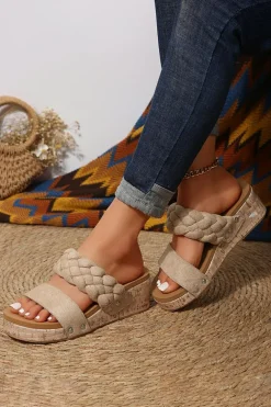 Discount Dear-Lover Woven Suede Band Wedge Slippers Light French Beige