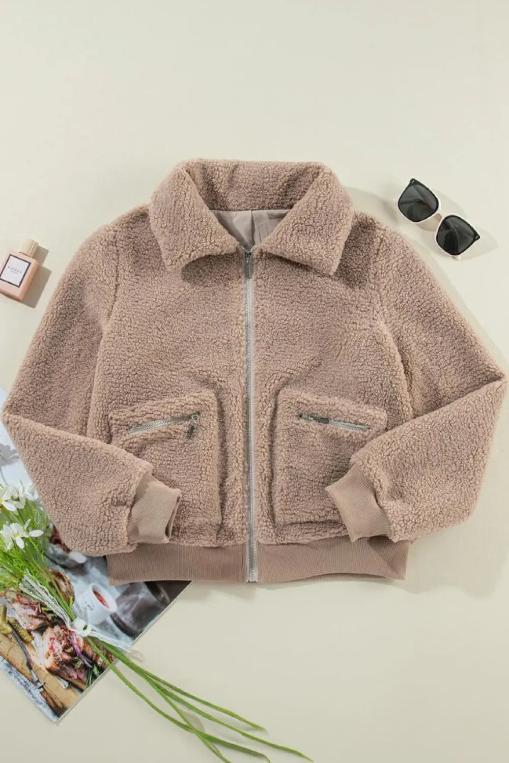 New Dear-Lover Zipper Pocketed Winter Fuzzy Jacket Light French Beige