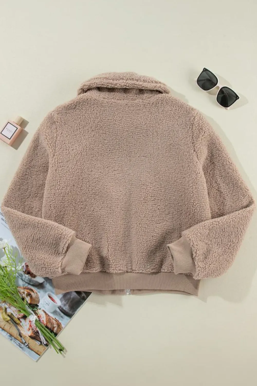 New Dear-Lover Zipper Pocketed Winter Fuzzy Jacket Light French Beige