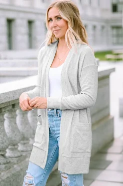 Discount Dear-Lover Thermal Waffle Knit Pocketed Cardigan Light Gray