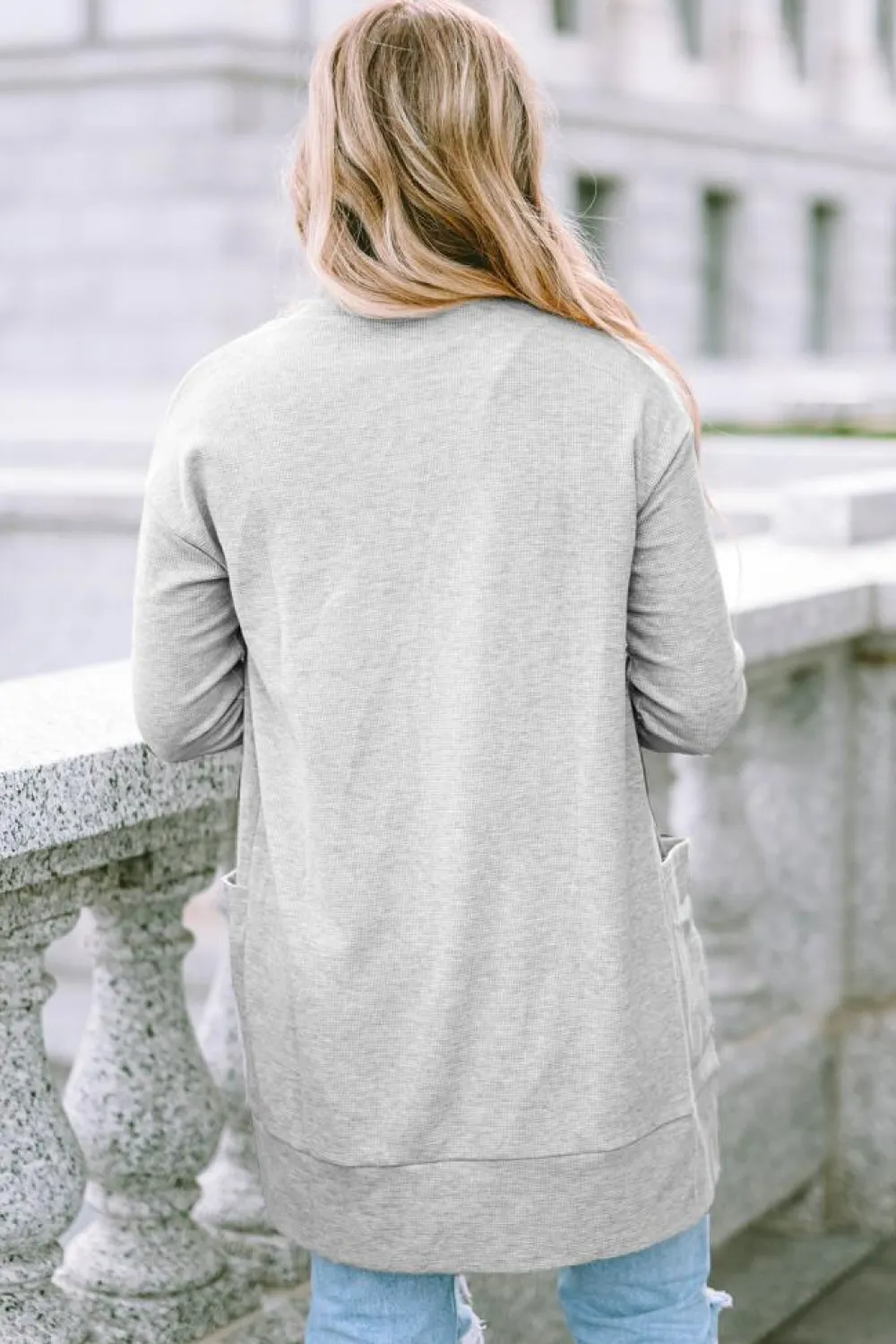 Discount Dear-Lover Thermal Waffle Knit Pocketed Cardigan Light Gray