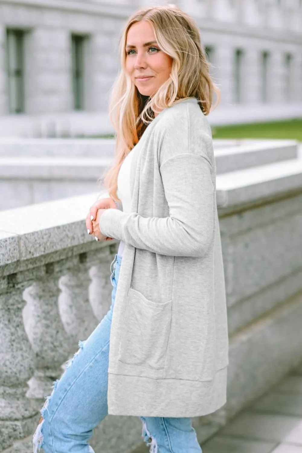 Discount Dear-Lover Thermal Waffle Knit Pocketed Cardigan Light Gray