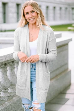 Discount Dear-Lover Thermal Waffle Knit Pocketed Cardigan Light Gray