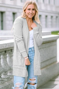 Discount Dear-Lover Thermal Waffle Knit Pocketed Cardigan Light Gray
