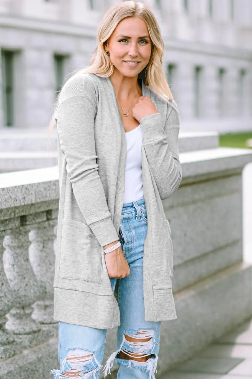 Discount Dear-Lover Thermal Waffle Knit Pocketed Cardigan Light Gray
