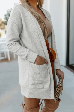 Discount Dear-Lover Thermal Waffle Knit Pocketed Cardigan Light Gray