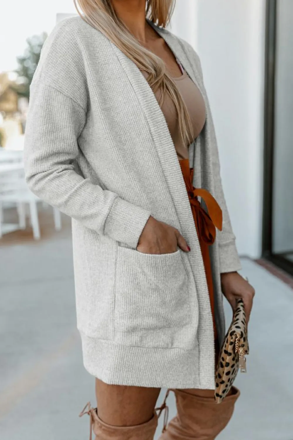 Discount Dear-Lover Thermal Waffle Knit Pocketed Cardigan Light Gray
