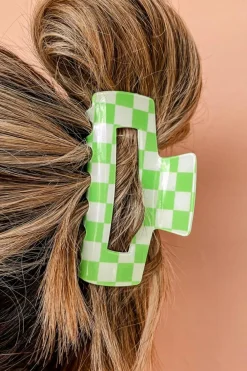 Fashion Dear-Lover Checkered Print Hollow Out Hair Clip Light Green