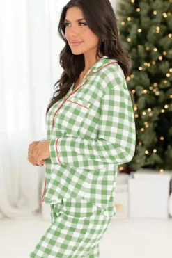 Hot Dear-Lover Christmas Plaid Print Shirt and Pants Pajama Set Light Green