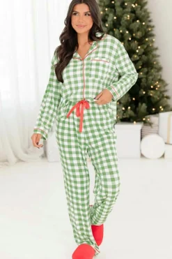 Hot Dear-Lover Christmas Plaid Print Shirt and Pants Pajama Set Light Green