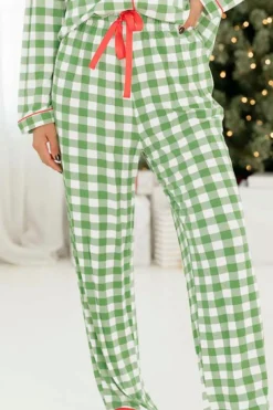 Hot Dear-Lover Christmas Plaid Print Shirt and Pants Pajama Set Light Green