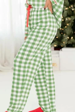 Hot Dear-Lover Christmas Plaid Print Shirt and Pants Pajama Set Light Green