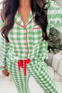 Hot Dear-Lover Christmas Plaid Print Shirt and Pants Pajama Set Light Green