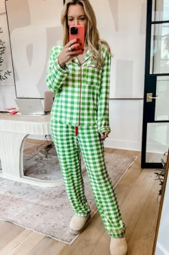 Hot Dear-Lover Christmas Plaid Print Shirt and Pants Pajama Set Light Green