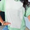 Fashion Dear-Lover Color Block Exposed Seam Crew Neck T Shirt Light Green