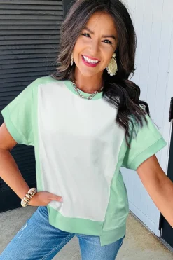 Fashion Dear-Lover Color Block Exposed Seam Crew Neck T Shirt Light Green