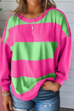 New Dear-Lover Colorblock Striped Drop Shoulder Loose Top Light Green