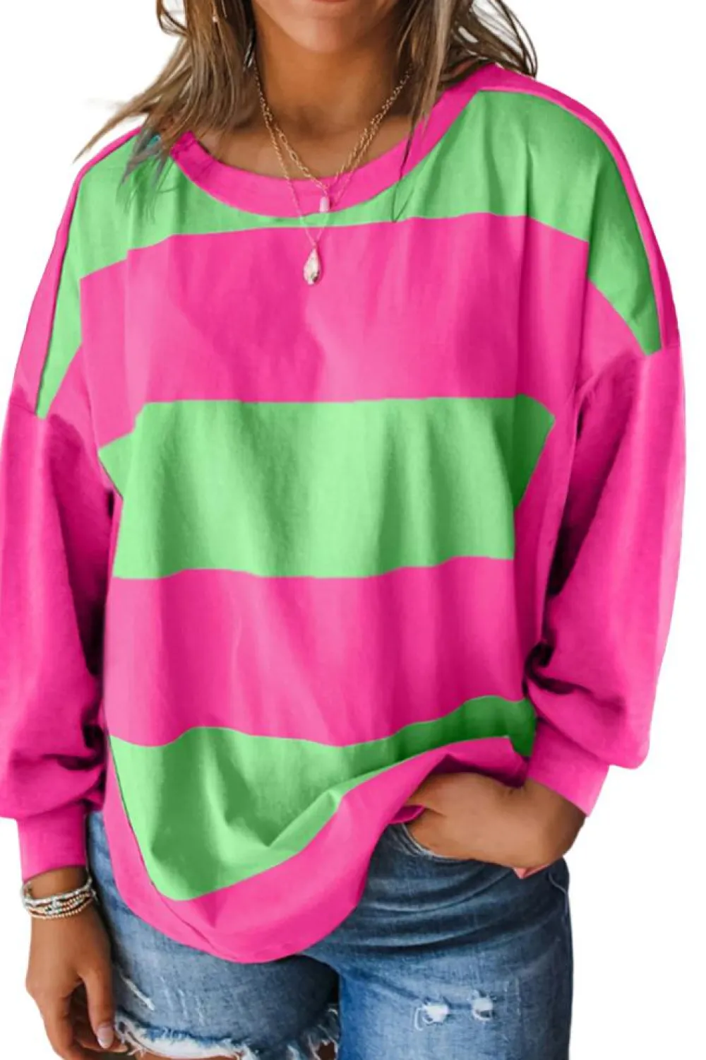 New Dear-Lover Colorblock Striped Drop Shoulder Loose Top Light Green