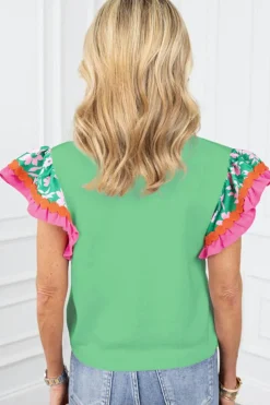 Clearance Dear-Lover Contrast Ricrac Floral Sleeve Top Light Green