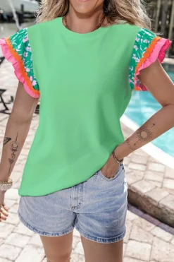 Clearance Dear-Lover Contrast Ricrac Floral Sleeve Top Light Green
