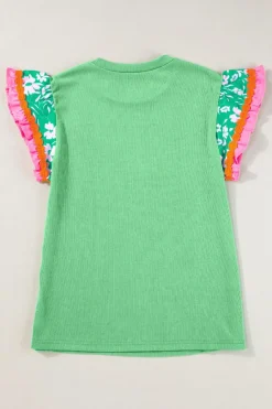 Clearance Dear-Lover Contrast Ricrac Floral Sleeve Top Light Green