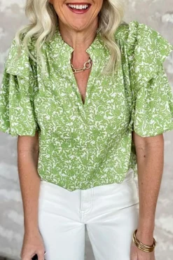 Outlet Dear-Lover Floral Ruffle Puff Short Sleeve Frilled Collar V Neck Blouse Light Green