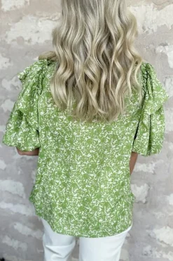 Outlet Dear-Lover Floral Ruffle Puff Short Sleeve Frilled Collar V Neck Blouse Light Green