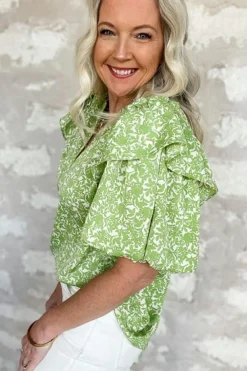 Outlet Dear-Lover Floral Ruffle Puff Short Sleeve Frilled Collar V Neck Blouse Light Green