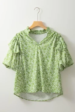 Outlet Dear-Lover Floral Ruffle Puff Short Sleeve Frilled Collar V Neck Blouse Light Green