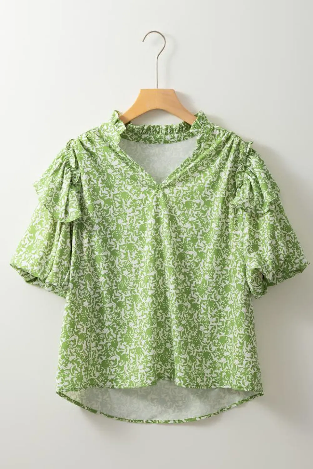 Outlet Dear-Lover Floral Ruffle Puff Short Sleeve Frilled Collar V Neck Blouse Light Green