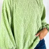 Online Dear-Lover Solid Color Textured Side Split Crew Neck Blouse Light Green