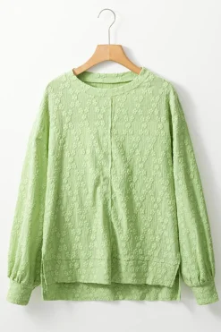 Online Dear-Lover Solid Color Textured Side Split Crew Neck Blouse Light Green