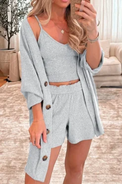 Clearance Dear-Lover 3 Pieces Rib Crop Camisole Matching Shorts Lounge Set with Cardigan Light Grey
