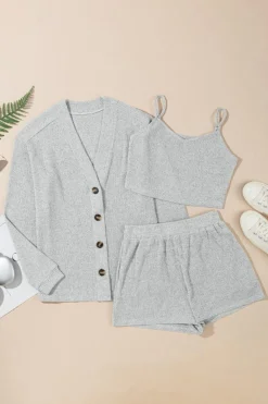 Clearance Dear-Lover 3 Pieces Rib Crop Camisole Matching Shorts Lounge Set with Cardigan Light Grey
