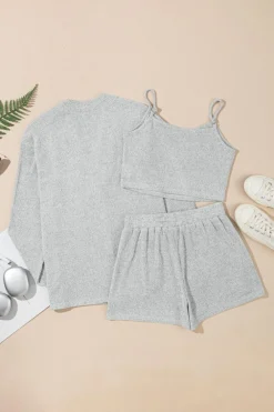 Clearance Dear-Lover 3 Pieces Rib Crop Camisole Matching Shorts Lounge Set with Cardigan Light Grey