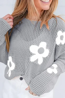 New Dear-Lover Big Flower Hollowed Knit Drop Shoulder Sweater Light Grey