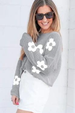 New Dear-Lover Big Flower Hollowed Knit Drop Shoulder Sweater Light Grey