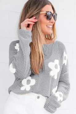 New Dear-Lover Big Flower Hollowed Knit Drop Shoulder Sweater Light Grey