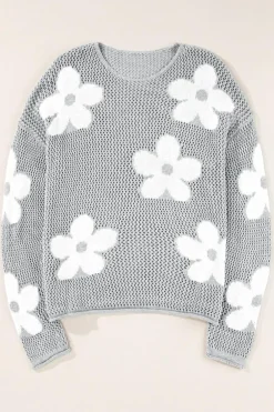 New Dear-Lover Big Flower Hollowed Knit Drop Shoulder Sweater Light Grey