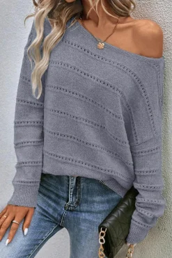 Best Dear-Lover Boat Neck Drop Shoulder Pointelle Knit Sweater Light Grey