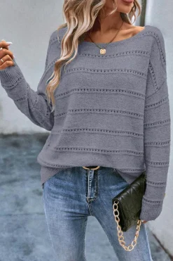 Best Dear-Lover Boat Neck Drop Shoulder Pointelle Knit Sweater Light Grey