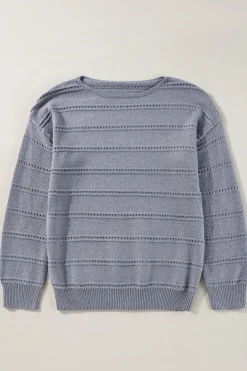 Best Dear-Lover Boat Neck Drop Shoulder Pointelle Knit Sweater Light Grey