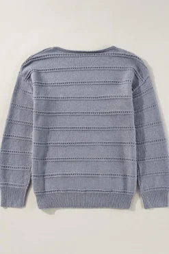 Best Dear-Lover Boat Neck Drop Shoulder Pointelle Knit Sweater Light Grey