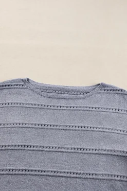Best Dear-Lover Boat Neck Drop Shoulder Pointelle Knit Sweater Light Grey