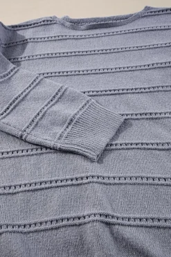Best Dear-Lover Boat Neck Drop Shoulder Pointelle Knit Sweater Light Grey