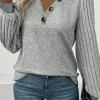 Online Dear-Lover Buttoned V Neck Ribbed Puff Sleeve Top Light Grey