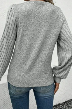 Online Dear-Lover Buttoned V Neck Ribbed Puff Sleeve Top Light Grey