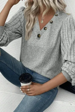 Online Dear-Lover Buttoned V Neck Ribbed Puff Sleeve Top Light Grey
